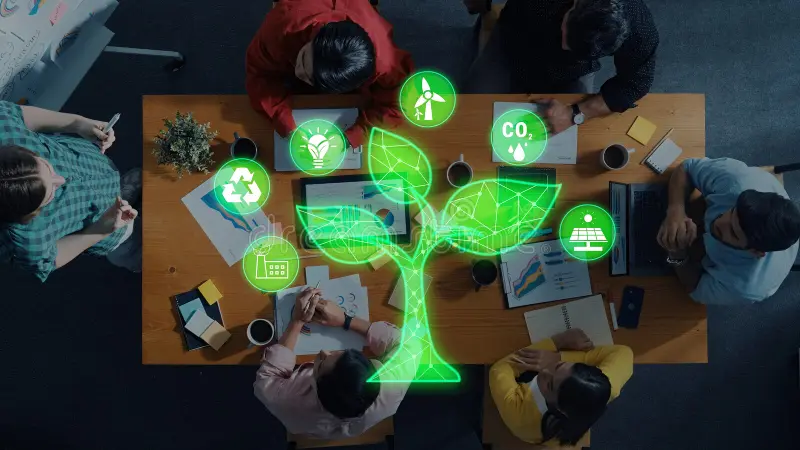aerial-view-diverse-business-team-collaborating-sustainable-development-goals-digital-eco-symbols-quark-463491616